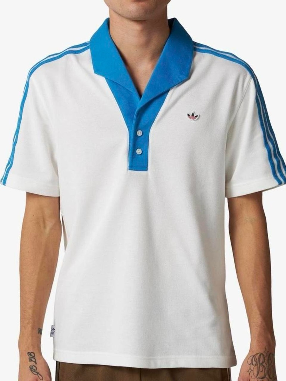 adidas CLOT White Polo with Blue Collar & Shoulder Stripes